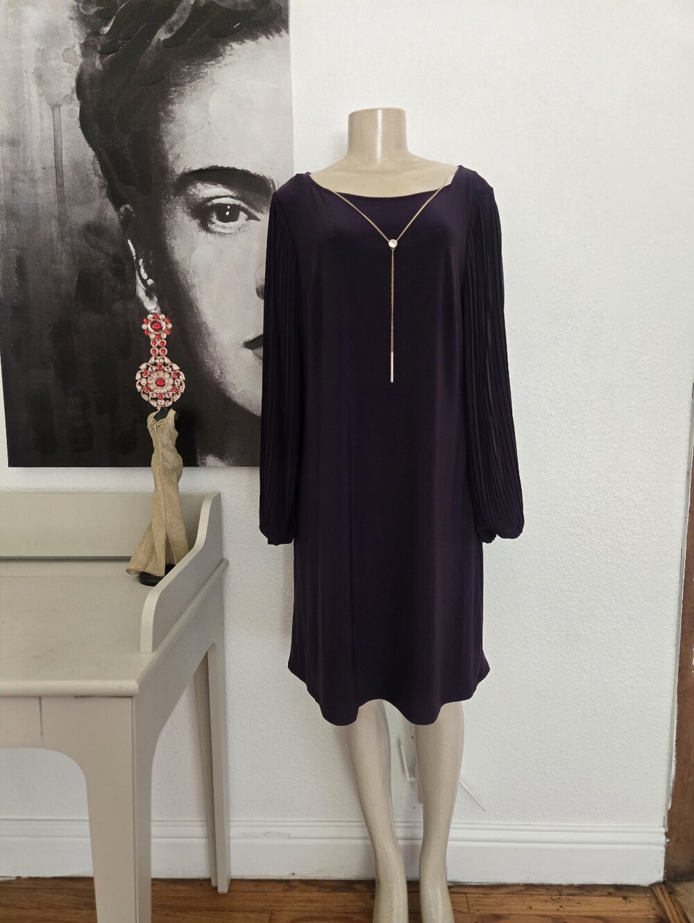 NWT Roz & Ali Elegant Women's Purple Pleated-Sleeve Shift Dress Size XL